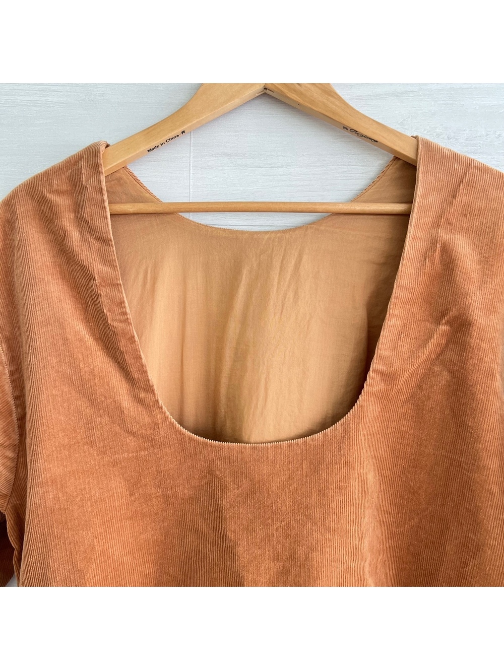 Everlane Camel Corduroy Mini Dress Puff Sleeve Scoop Back Pockets Women’s L - Picture 5 of 8